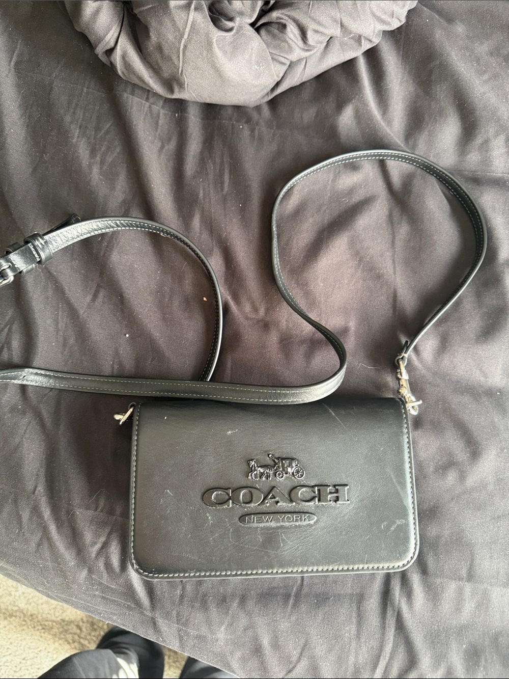 Coach Black Leather Crossbody Messenger Bag with Embossed Logo